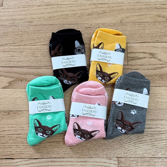 Accessories - Cat Print Socks Set - Black, Yellow, Green, Pink, Gray